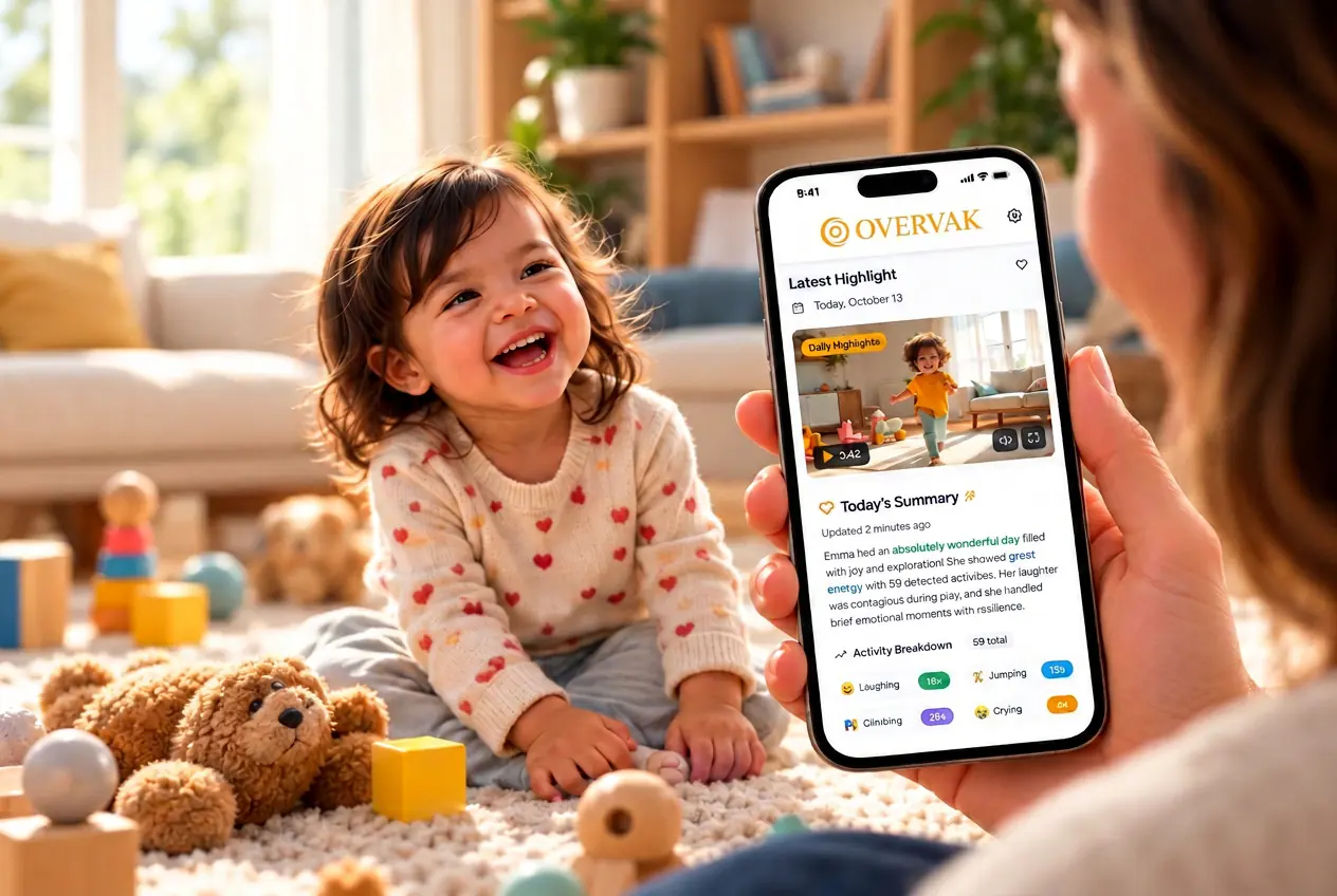 A joyful moment with a child, alongside the Overvak app’s daily highlights