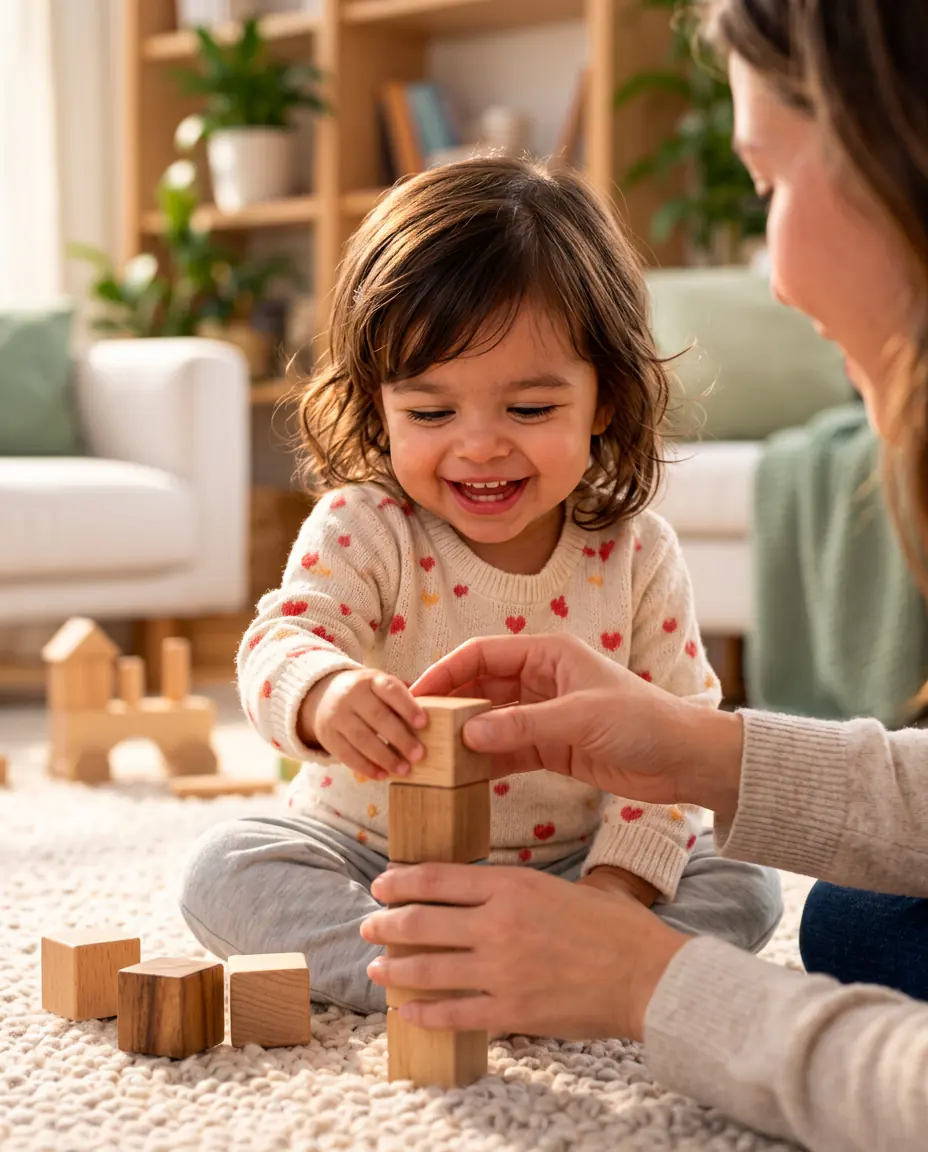 A mother helping her smiling daughter stack wooden blocks