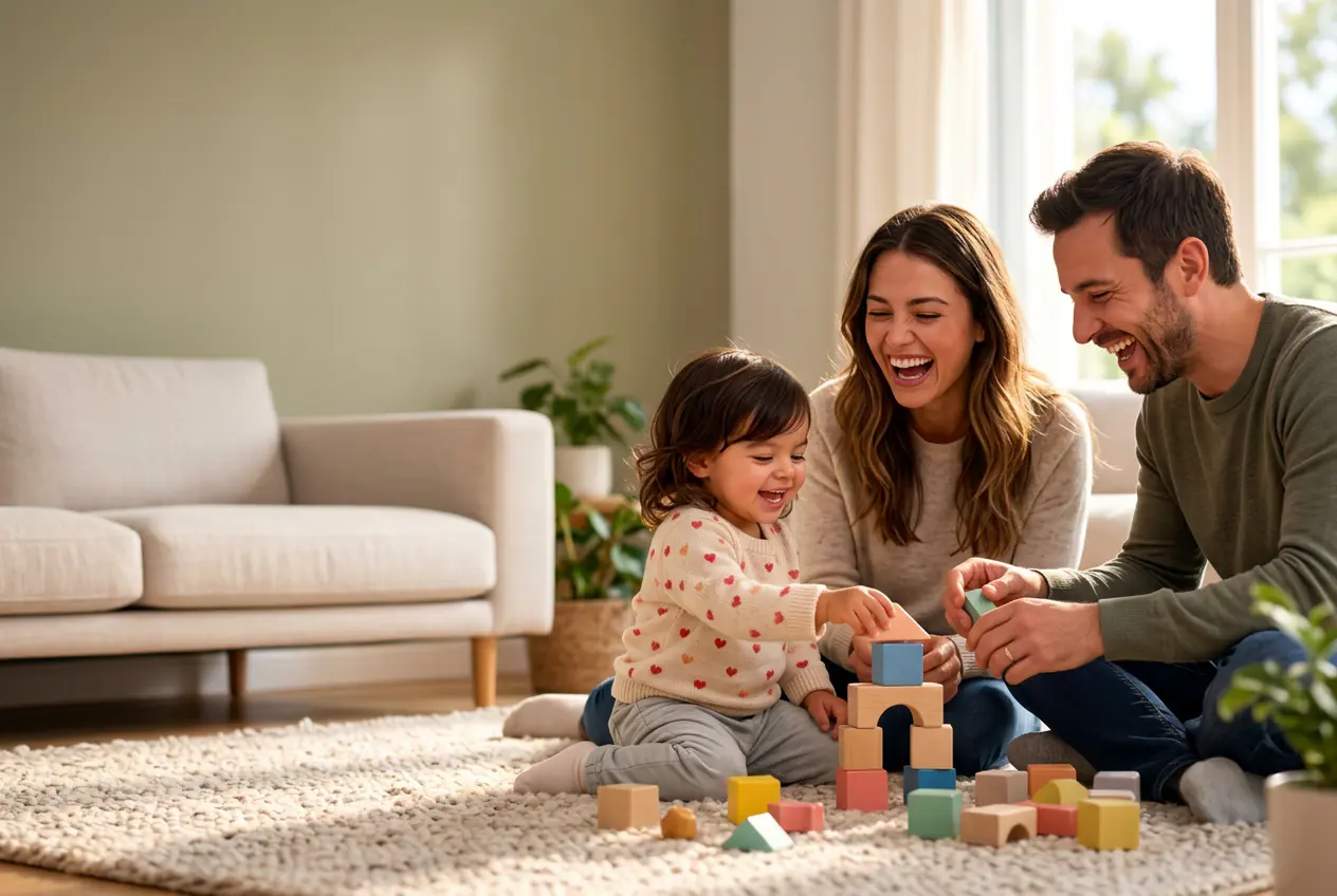 Parents laughing and building blocks with their daughter at home